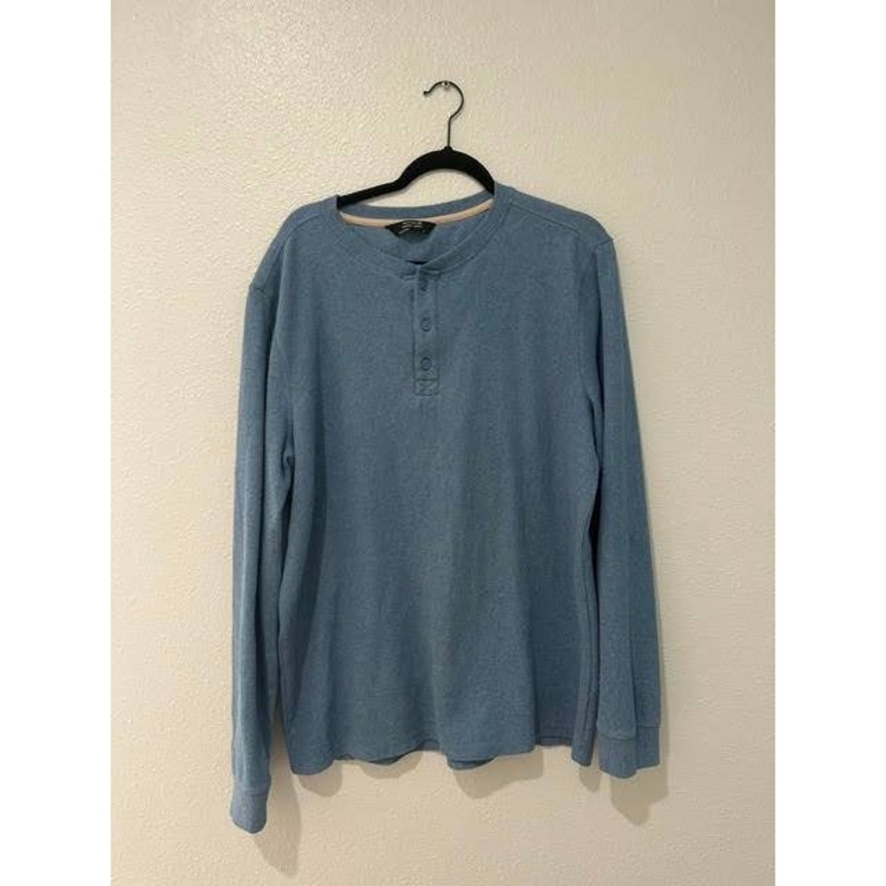 Members Mark Mens Thermal Henley Shirt Blue Waffle Knit Long Sleeve XL
